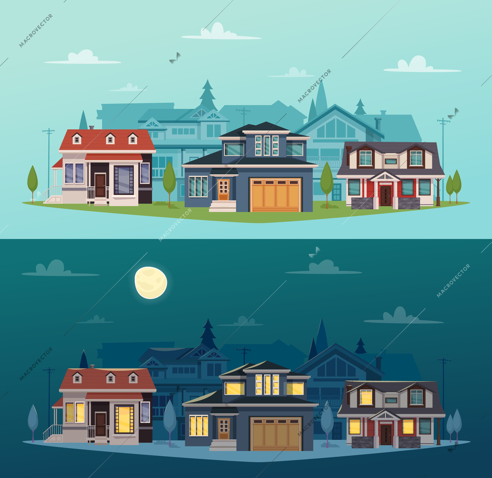 Suburban houses horizontal banners with colorful cottages at day and night time vector illustration