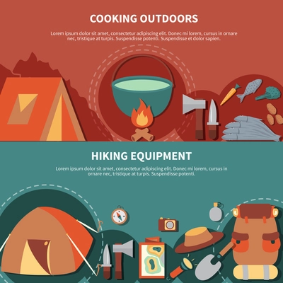 Camping horizontal banner set with flat outdoors cooking and hiking equipment isolated vector illustration