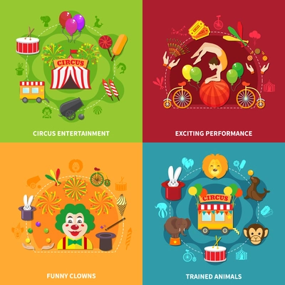 Circus flat compositions set with clowns animals and acrobats isolated vector illustration