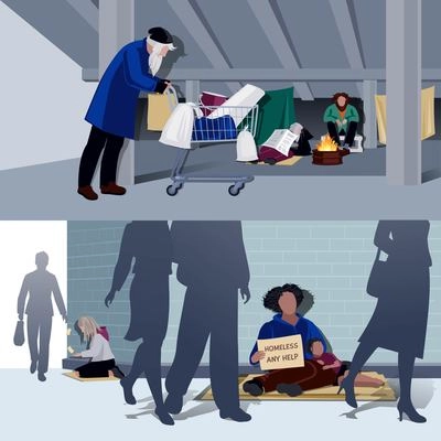 Homeless people flat horizontal compositions of hungry begging alms and unemployed living in city tents vector illustration