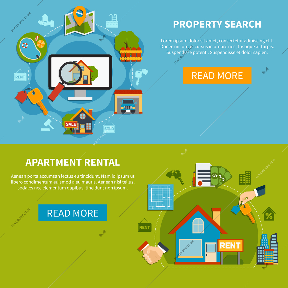 Colorful horizontal real estate banners with property search and apartment rental icons flat isolated vector illustration