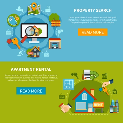 Colorful horizontal real estate banners with property search and apartment rental icons flat isolated vector illustration