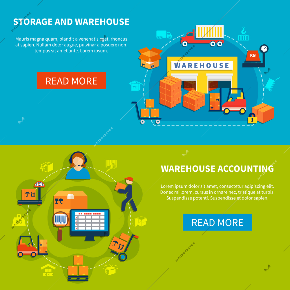 Two horizontal logistic banner set with storage and warehouse and warehouse accounting descriptions vector illustration