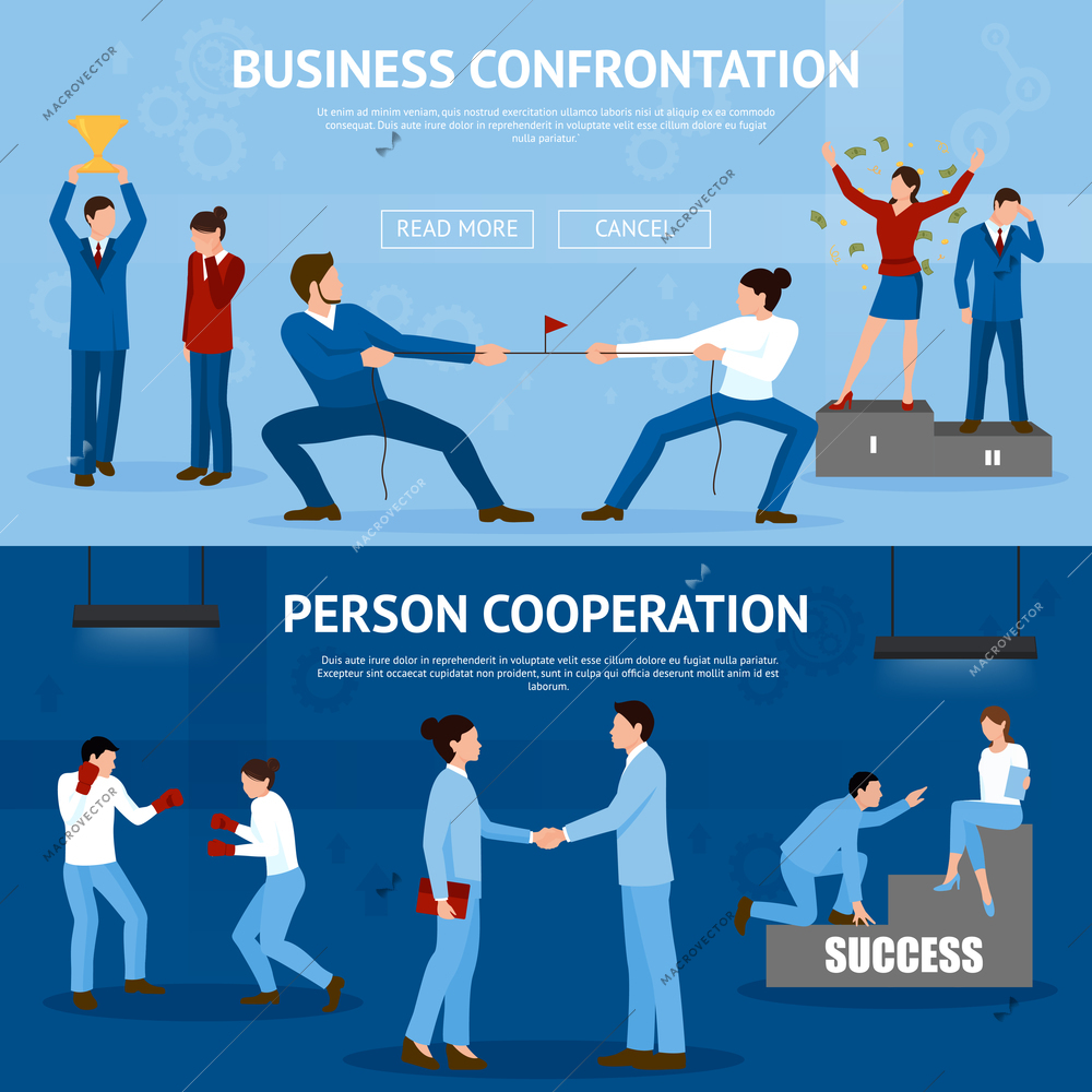 Constructive business confrontation and productive cooperation for success 2 flat horizontal banners website design isolated vector illustration