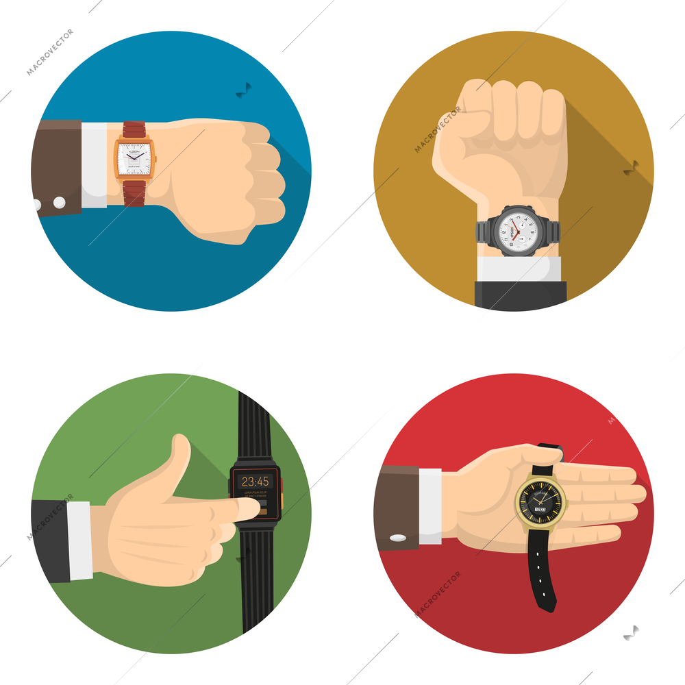 Men watches types 4 flat round icons collection of mechanical smart electronic and classic wristwatches isolated vector illustration