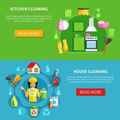 Cleaning horizontal banners set with professional house washing equipment with editable text and read more button vector illustration