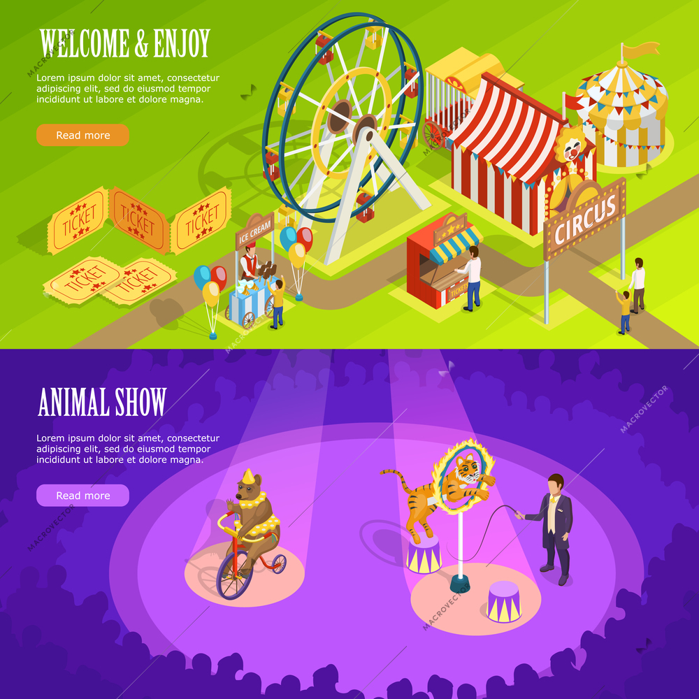 Circus show with trained animals and observation wheel 2 isometric horizontal banners webpage design isolated vector illustration