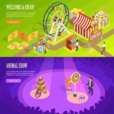 Circus show with trained animals and observation wheel 2 isometric horizontal banners webpage design isolated vector illustration