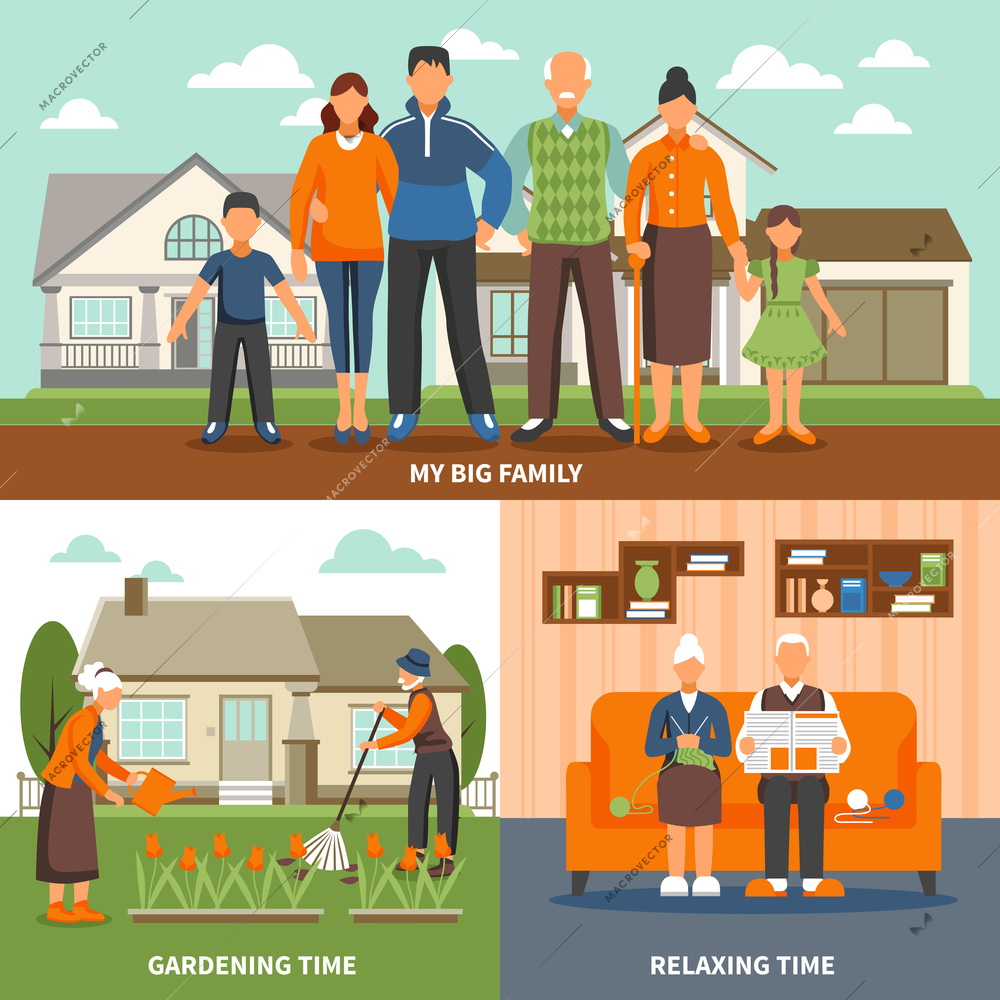 Old people design concept with family faceless characters compositions set indoor relaxing and outdoor gardening activities vector illustration