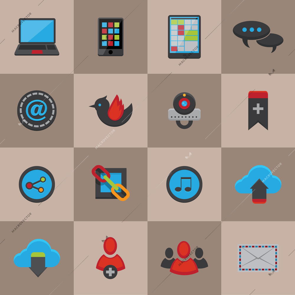 Social media communication icons set for mobile internet application of chat share email and cloud services vector illustration