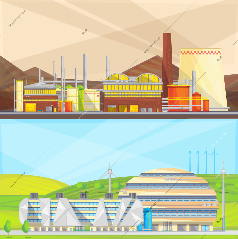 Eco clean industry converting waste to energy and using wind power 2 flat isolated banners vector illustration