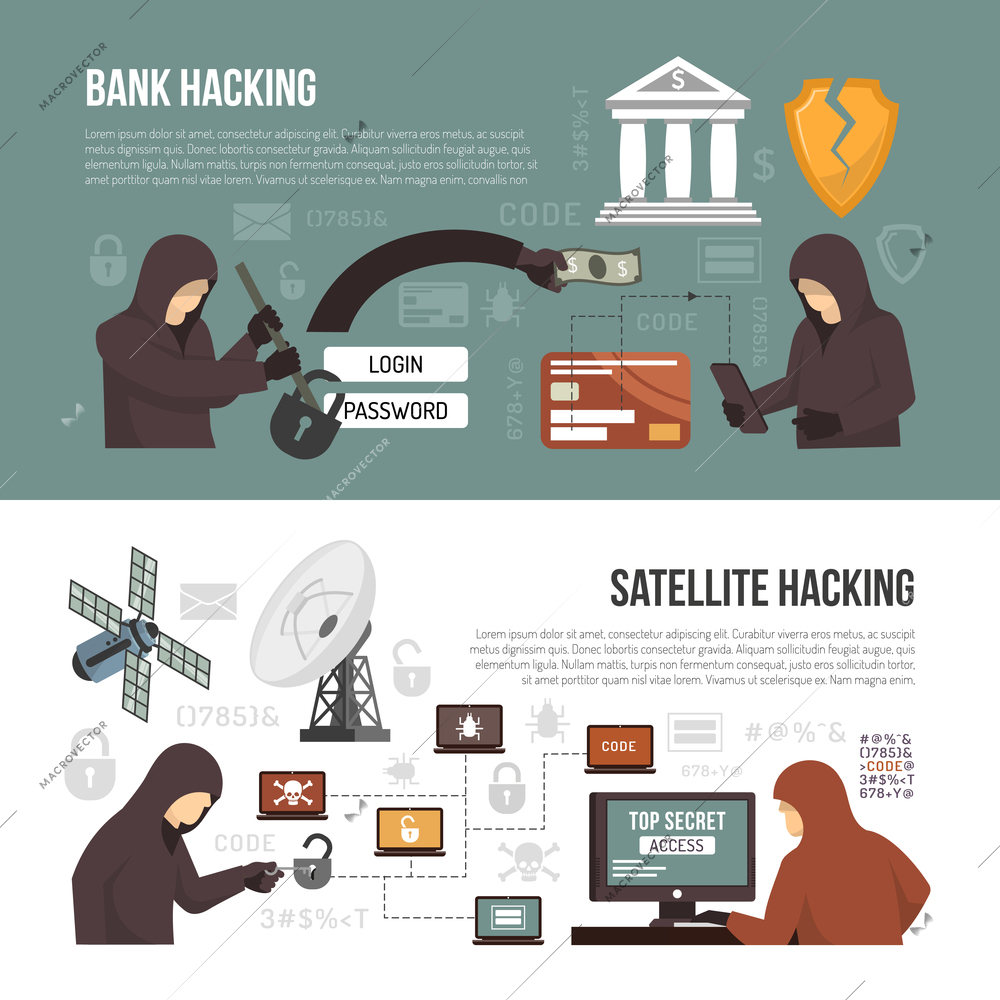 Internet hackers activity 2 flat infographic elements banners with bank account breaking via satellite connection isolated vector illustration