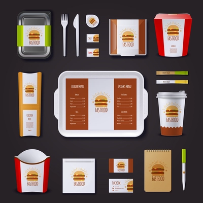 Fastfood corporate identity with set of packaging and tray visit cards notepad and pen isolated vector illustration