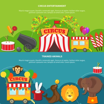 Circus entertainment  and trained animals horizontal banner set flat isolated vector illustration