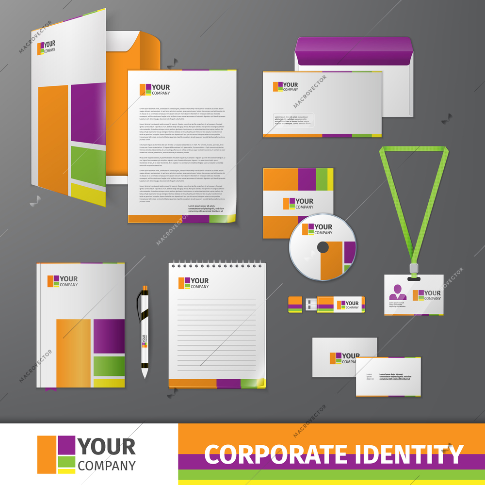 Multicolored geometric business company stationery template for corporate identity and branding set isolated vector illustration