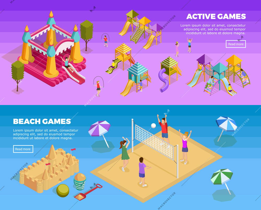 Two horizontal playground banner set with active games and beach games descriptions vector illustration