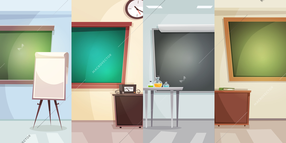 Education vertical banners with school classrooms for different lessons in flat style vector illustration