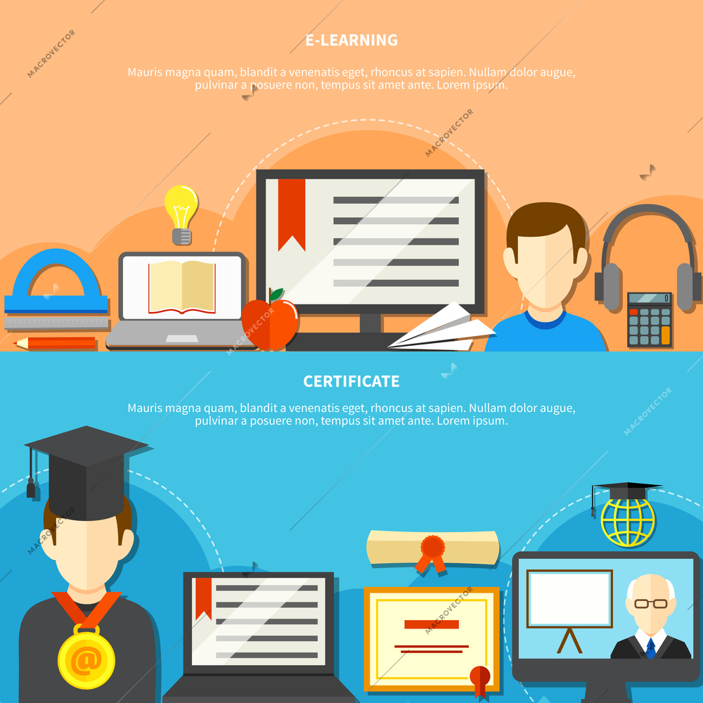 Two flat learning banner set with e learning and certificate descriptions and place for text vector illustration