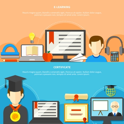 Two flat learning banner set with e learning and certificate descriptions and place for text vector illustration