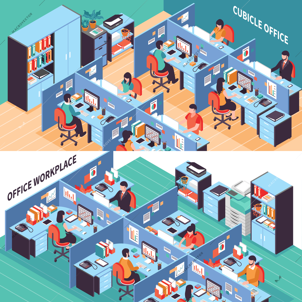 Two open space isometric horizontal banners with people working in office cubicles vector illustration