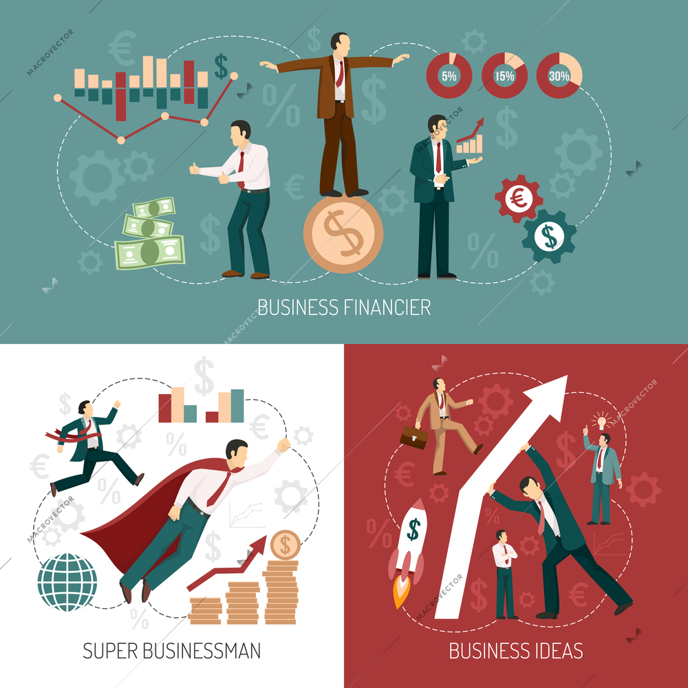 Financiers investors for successful startup business ideas concept flat icons and banner combination poster isolated vector illustration