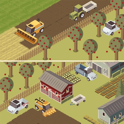 Ranch isometric horizontal banners with agricultural vehicles and farmlands apple trees and garden beds isolated vector illustration