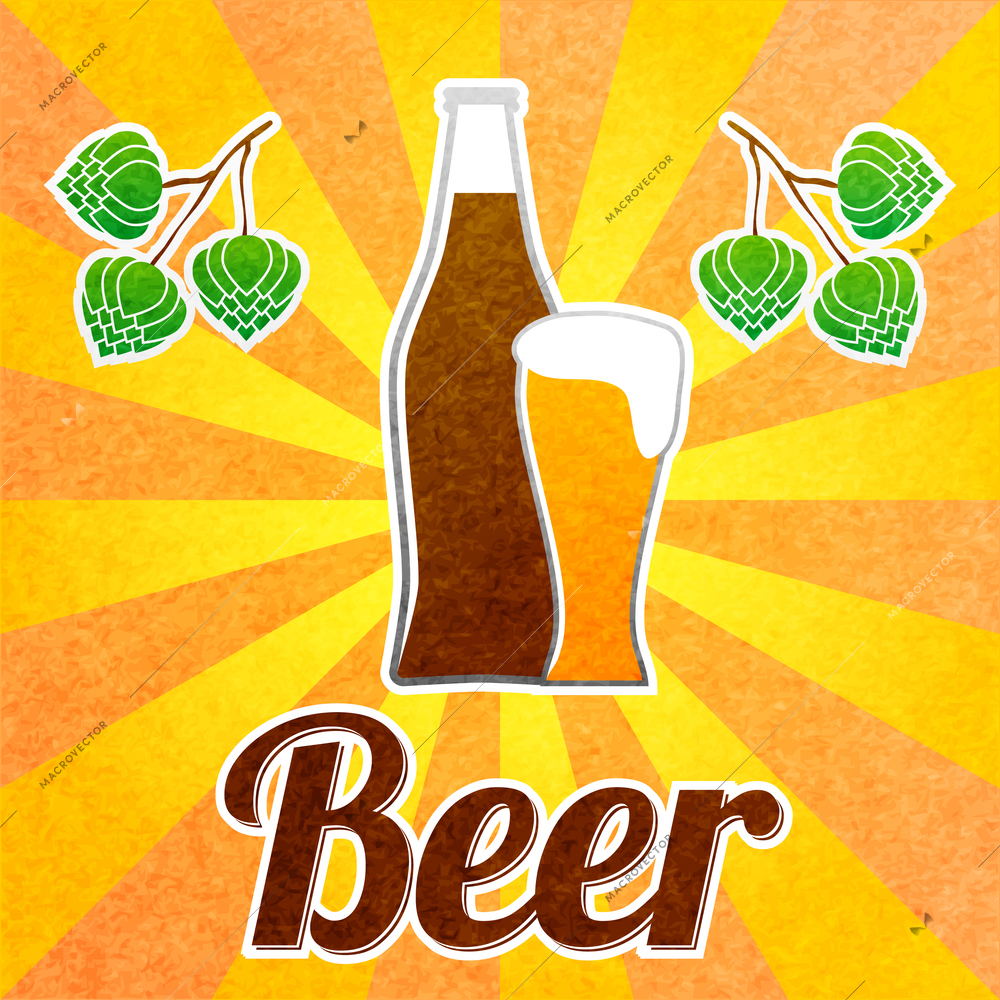 Beer bottle with glass hop and beams background poster vector illustration