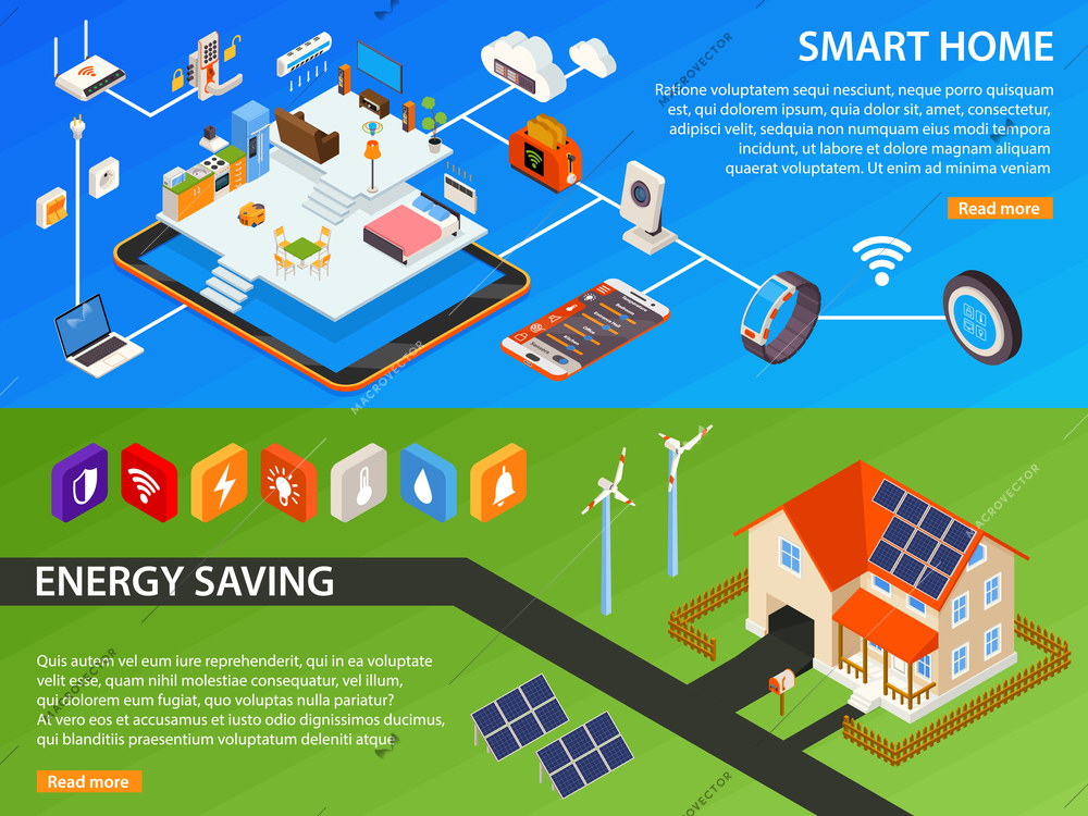 Smart home green energy generating devices and internet of things household 2 isometric banners webpage design vector illustration