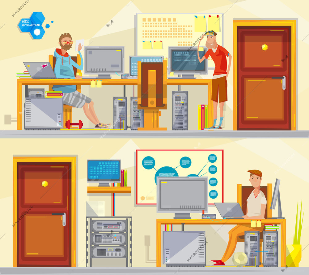 Set of two soft engineer private office interior compositions with cartoon worker characters and workplace equipment vector illustration