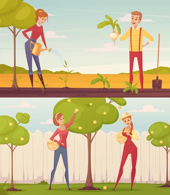 Set of two rectangular gardener farmer cartoon people colorful compositions with young male and female characters vector illustration