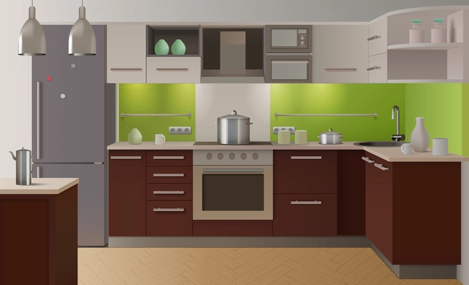 Colored kitchen interior fully equipped in modern style with green color and wooden doors vector illustration