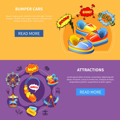 Bumper cars and attractions horizontal banners website design abstract isolated vector illustration