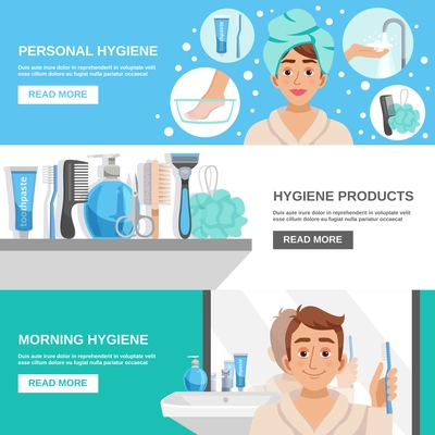 Personal hygiene products horizontal banners set with toiletry icons human character in bathrobe with text read more button vector illustration