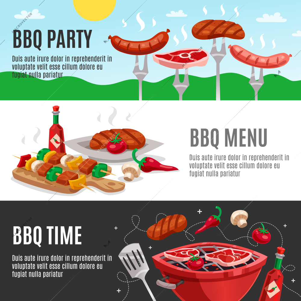 Bbq banners set with summer outdoor background meat skewers carving board and brazier with editable text vector illustration