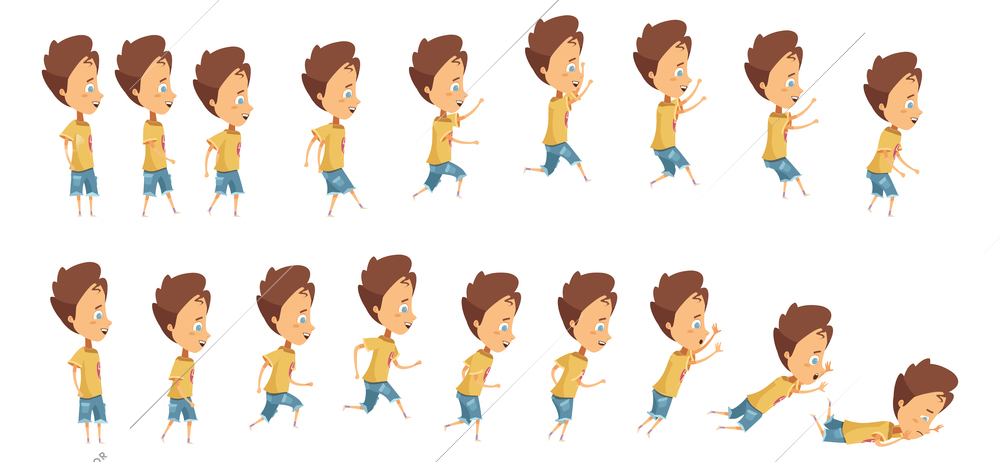 Animation with frame sequence when jumping running and falling of boy cartoon style isolated vector illustration