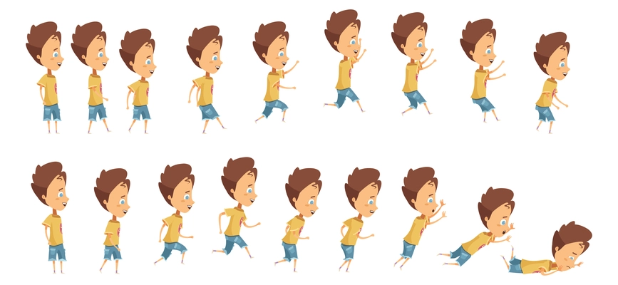 Animation with frame sequence when jumping running and falling of boy cartoon style isolated vector illustration