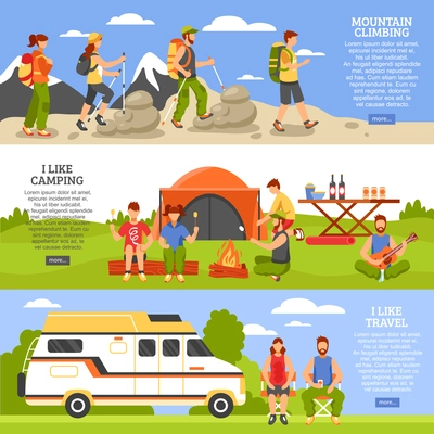 Set of three camping and hiking horizontal banners with outdoor climbing people compositions read more button vector illustration