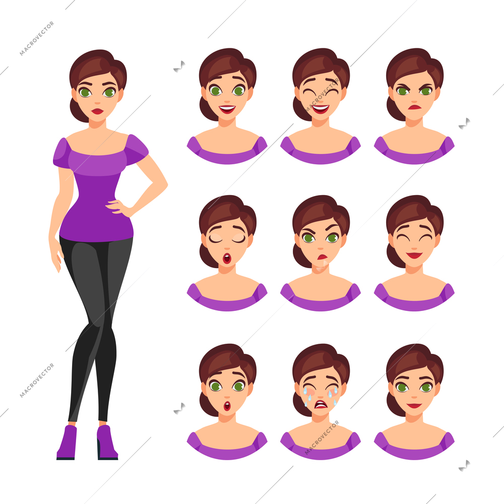 Girl emotions set of different facial expressions feelings and mood isolated vector illustration