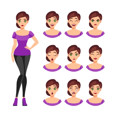 Girl emotions set of different facial expressions feelings and mood isolated vector illustration