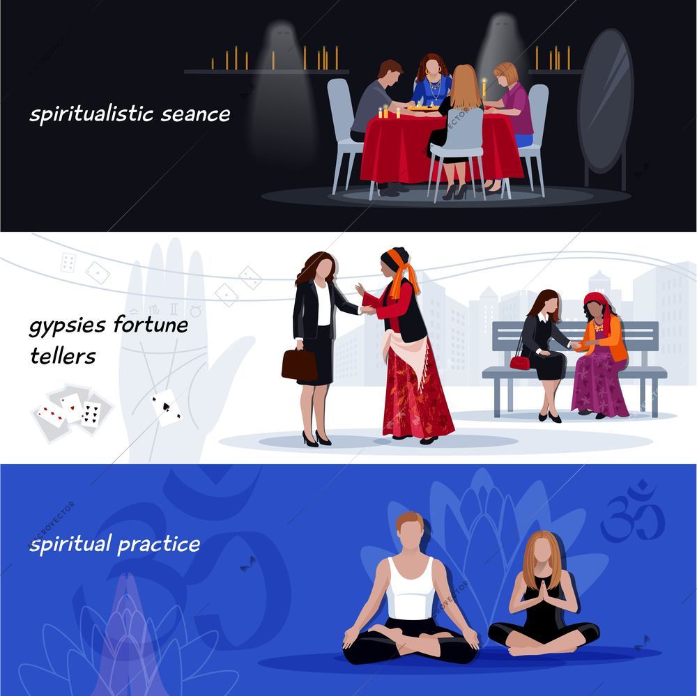 Three horizontal colored hypnotism extrasensory banner set with spiritualistic seance gypsies fortunes tellers spiritual practice descriptions vector illustration