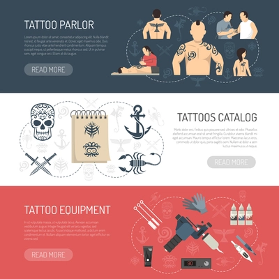 Three colored flat tattoo studio horizontal banner set with tattoo parlor tattoos catalog tattoo equipment descriptions vector illustration