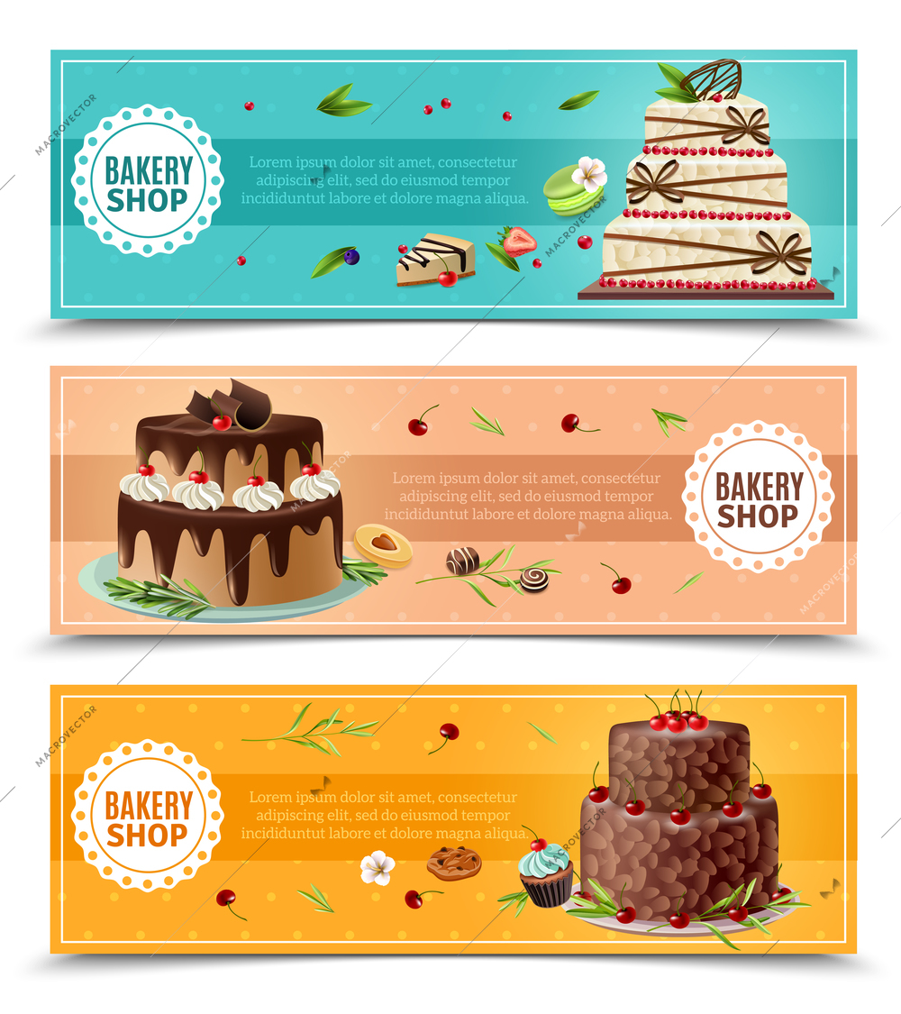 Cakes horizontal banners set with bakery symbols cartoon isolated vector illustration