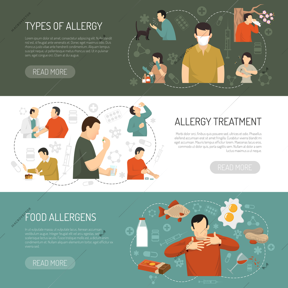 Three horizontal colored allergy banner set with types of allergy allergy treatment food allergens descriptions vector illustration