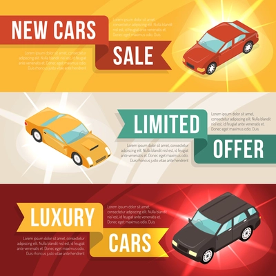 Three colored car dealership leasing horizontal banner set with new cars sale limited offer and luxury cars descriptions and ribbons vector illustration