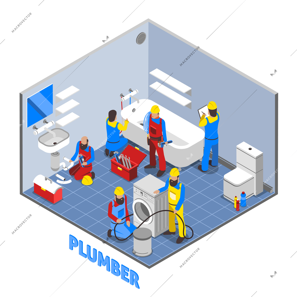 Colored and 3d plumber isometric composition in working process of repairing pipes vector illustration