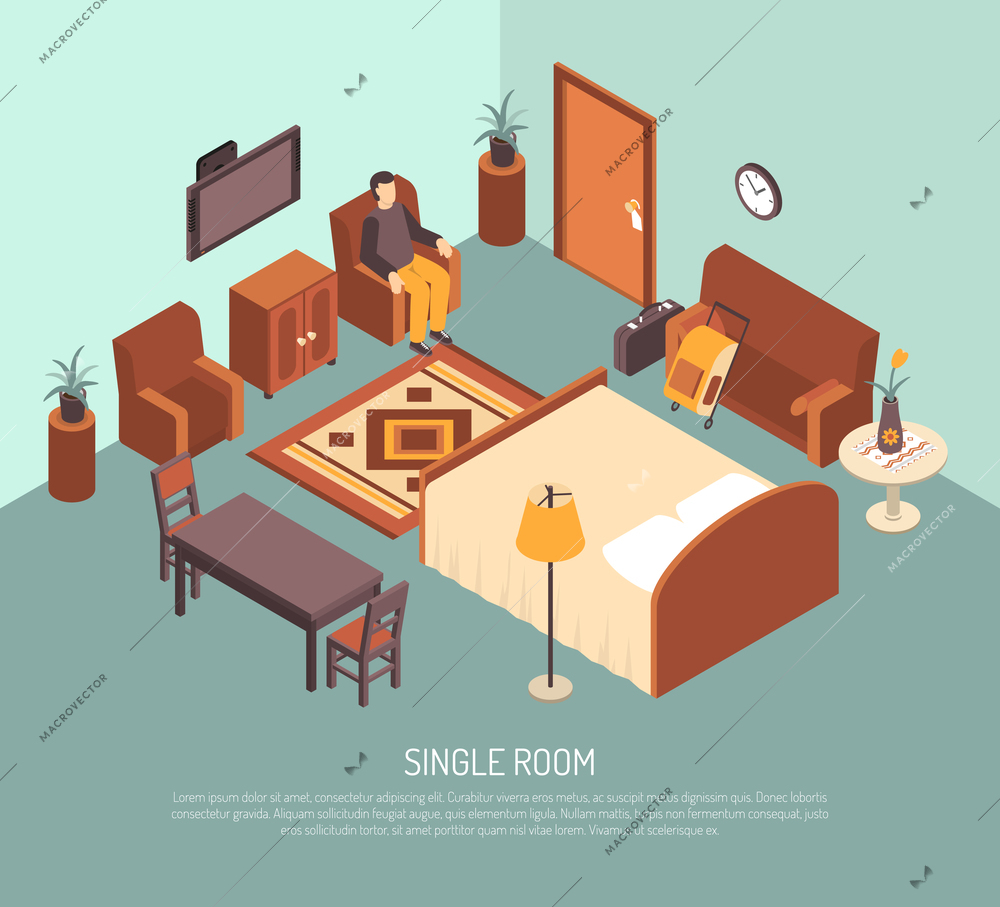 Hotel single room with bed carpet table guest in armchair and his luggage isometric poster vector illustration