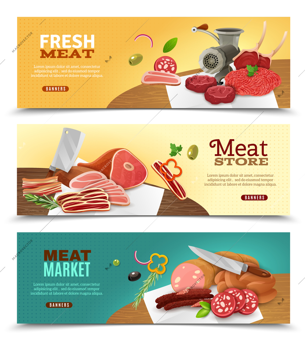 Meat market horizontal cartoon banners set with store symbols isolated vector illustration