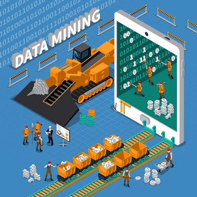 Data mining abstract isometric concept with tablet image and miner workers on blue background vector illustration