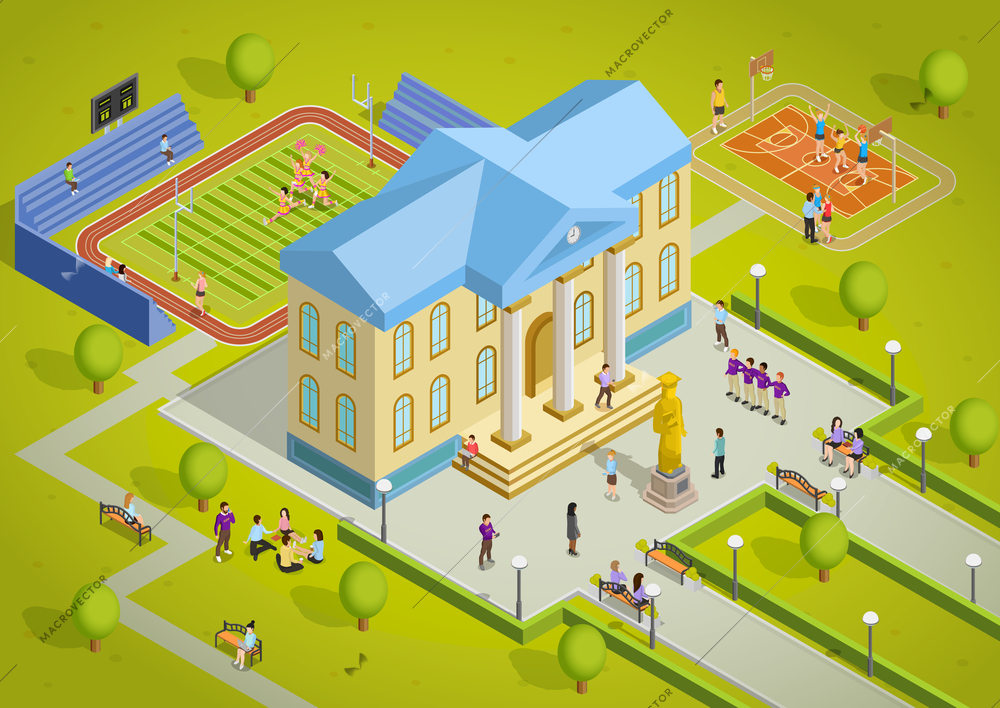 University campus building and sport complex facilities with students isometric view poster vector illustration