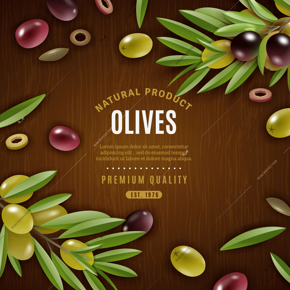 Natural olives background with olives and leaves on wooden background cartoon vector illustration